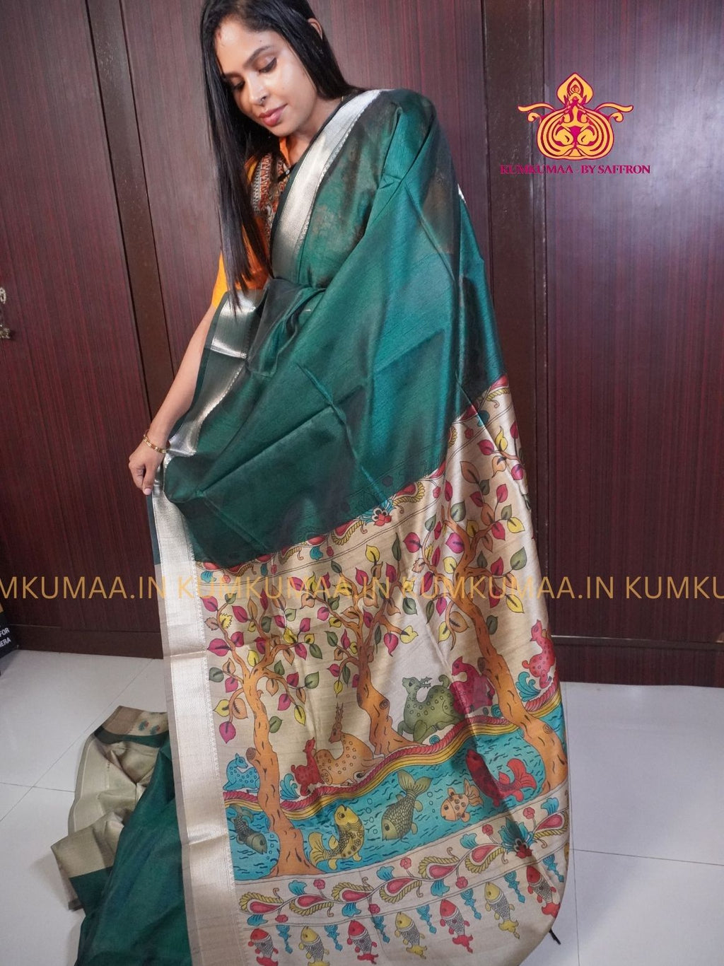 SEMI RAW SILK SAREE - DARK GREEN AND LIGHT BLUE, BEIGE - PRINTED PALLU - TRENDY WEAR SAREE- Beautiful saree for women - KUMKUMAA TRENDY FOR ALL OCCASION