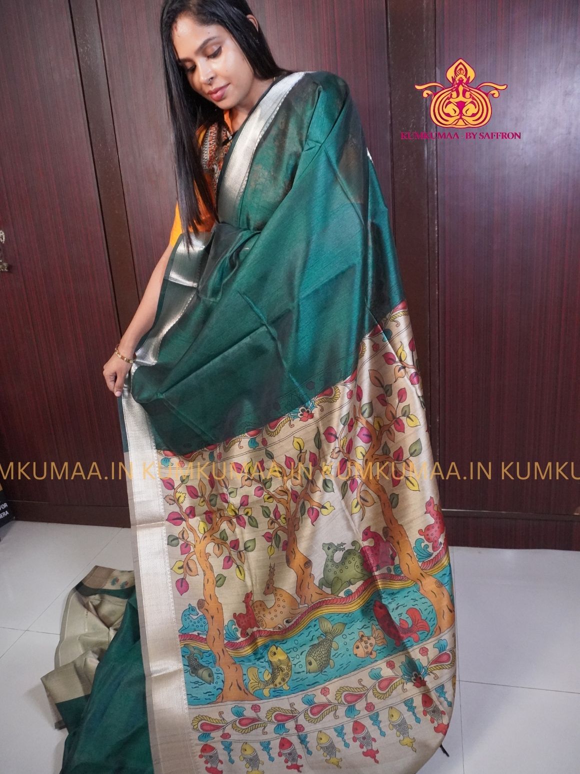 SEMI RAW SILK SAREE - DARK GREEN AND LIGHT BLUE, BEIGE - PRINTED PALLU - TRENDY WEAR SAREE- Beautiful saree for women - KUMKUMAA TRENDY FOR ALL OCCASION