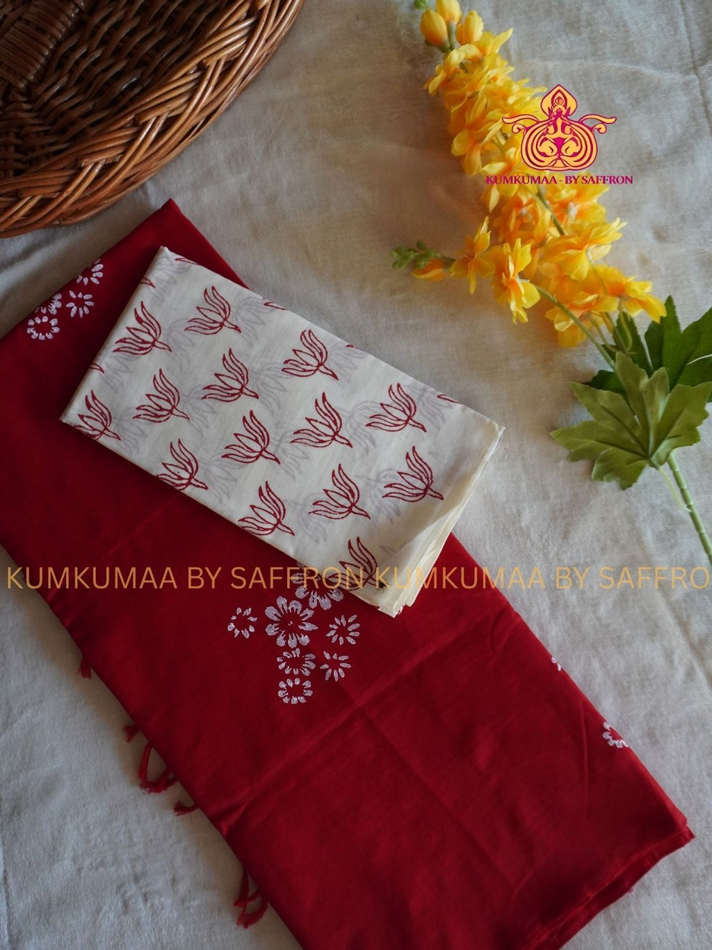 SOUTH COTTON-RED - WHITE HAND BLOCK PRINTED SAREE WITH RUNNING BLOUSE PLUS ADDITIONAL BLOUSE PIECE-KUMKUMAA COMFORT WEAR SAREE
