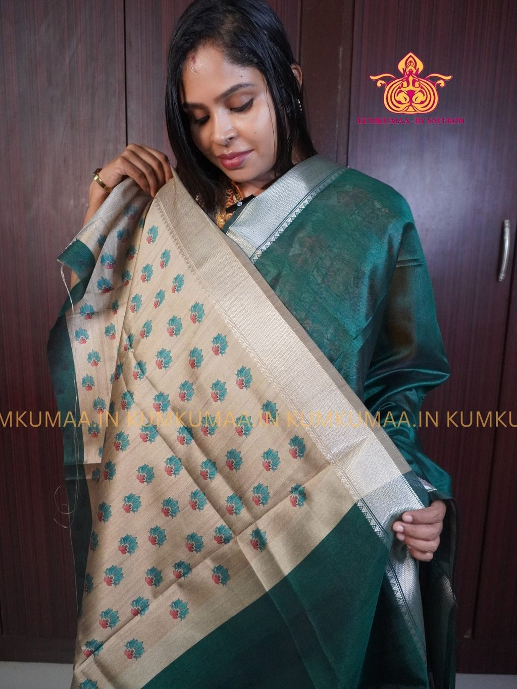 SEMI RAW SILK SAREE - DARK GREEN AND LIGHT BLUE, BEIGE - PRINTED PALLU - TRENDY WEAR SAREE- Beautiful saree for women - KUMKUMAA TRENDY FOR ALL OCCASION