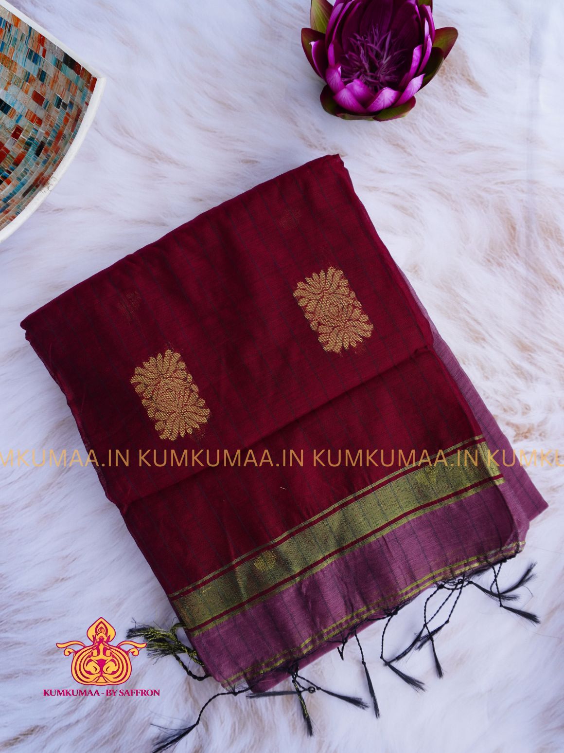 PURE COTTON- MAUVE AND RED COLOUR STRIPED PRINT SAREE WITH BLOUSE - TRENDY - FLORAL DESIGN - Kumkumaa Exclusive COLLECTION - LATEST ELEGANT SAREE