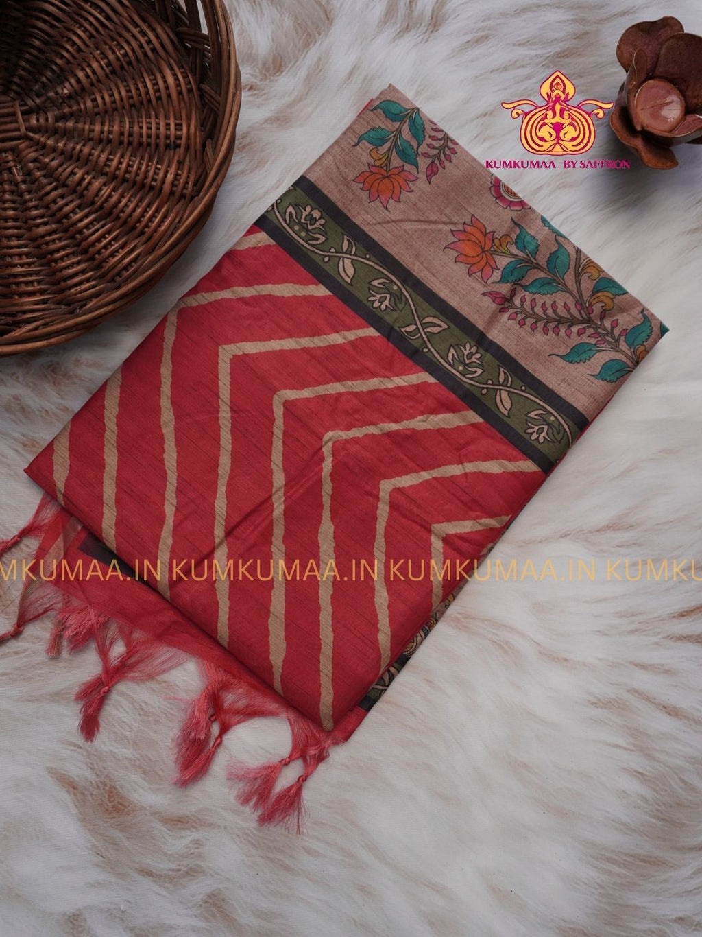 TUSSAR SILK - RED COLOUR ZIG ZAG DESIGN SAREE- MEHANDI DESIGN PALLU - LATEST COLLECTION - KUMKUMAA BY SAFFRON - UNIQUE DESIGN