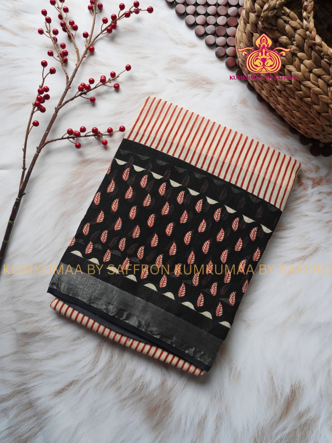 LINEN COTTON- WHITE WITH RED STRIPED DESIGN PRINTED SAREE- Soft and comfortable everyday wear saree - WITH BLOUSE - Kumkumaa exclusive - Comfort wear Collection- Trendy and comfortable