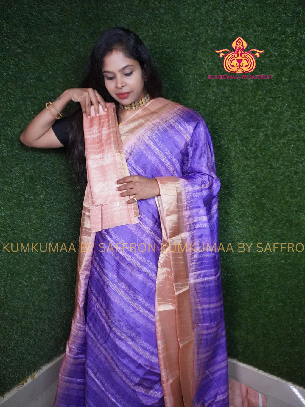 TUSSAR SILK - LAVENDER AND PEACH - STRIPES PRINTED SAREE - RETTAPETTA BORDER - LATEST COLLECTION - KUMKUMAA BY SAFFRON - UNIQUE DESIGN