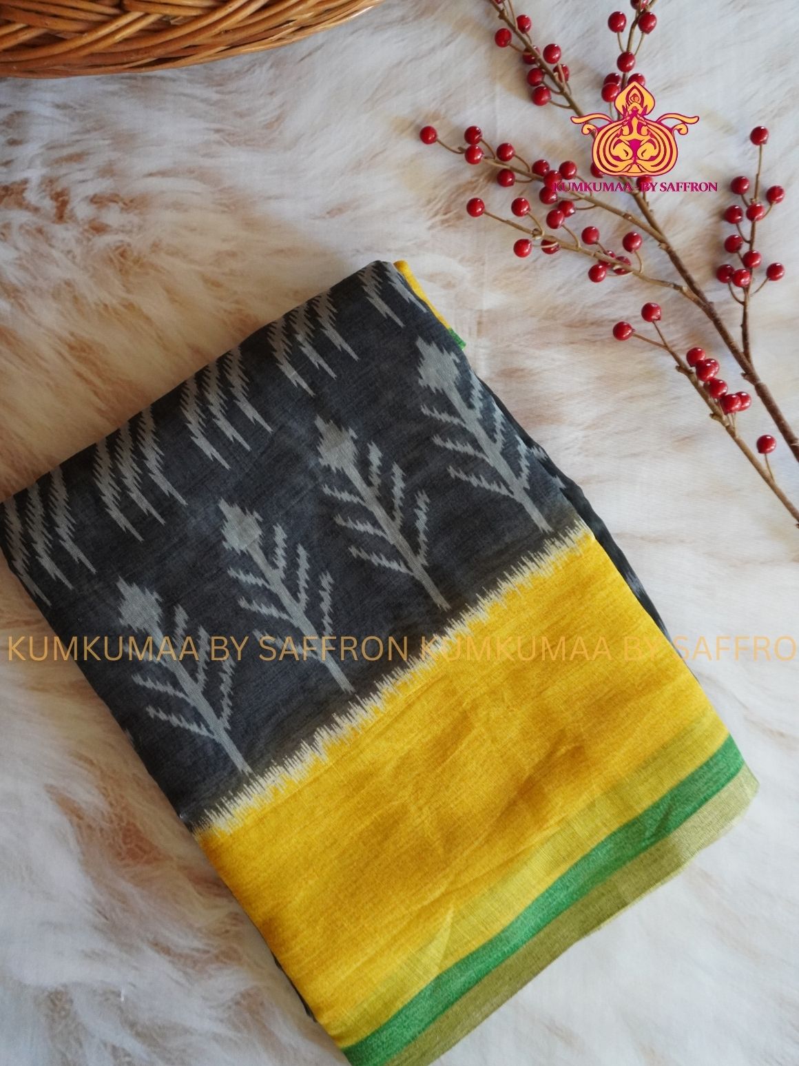 CHANDERI COTTON - GRAY AND YELLOW - ZIG ZAG DESIGN SAREE - PROFESSIONAL WEAR- MINIMALIST BORDER - LATEST COLLECTION - KUMKUMAA BY SAFFRON - ELITE DESIGN