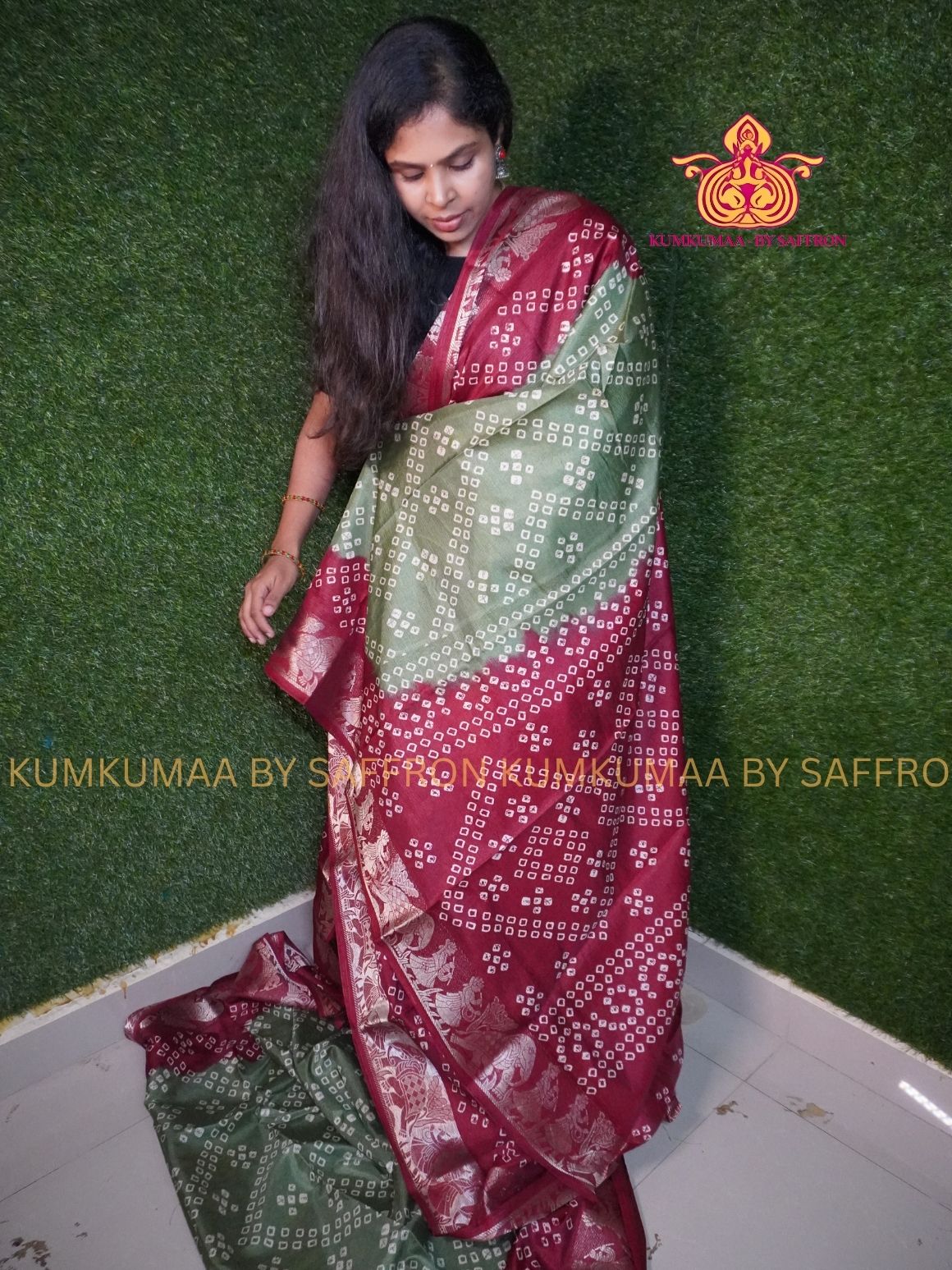 Dola Silk - COMFORTABLE FESTIVE Beautiful saree for women- PASTEL GREEN - MAROON COLOUR - IKKAT PATOLA DESIGN - ZARI BORDER - KUMKUMAA TRENDY TRADITIONAL WEAR - Comfort - Confidence - Elegance