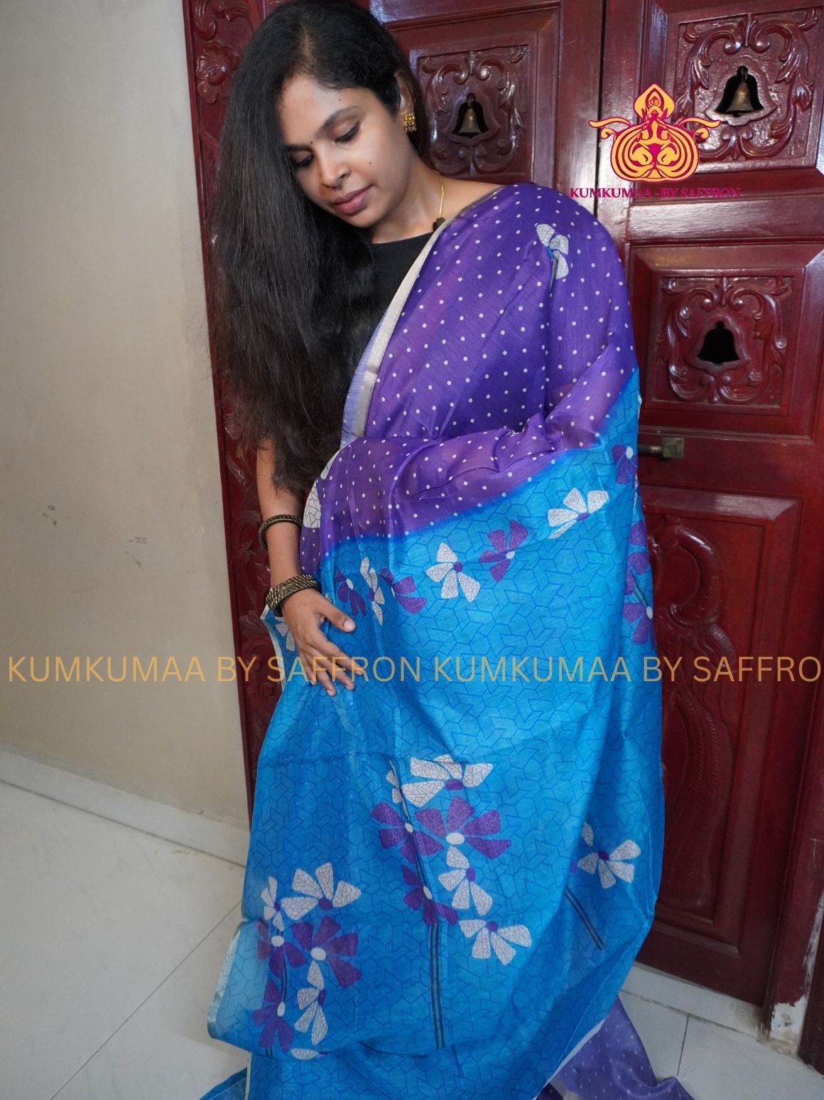 CHANDERI COTTON - PURPLE WITH BLUE- FLORAL BUTTA DESIGN- PROFESSIONAL WEAR- MINIMALIST BORDER - LATEST COLLECTION - KUMKUMAA BY SAFFRON - ELITE DESIGN