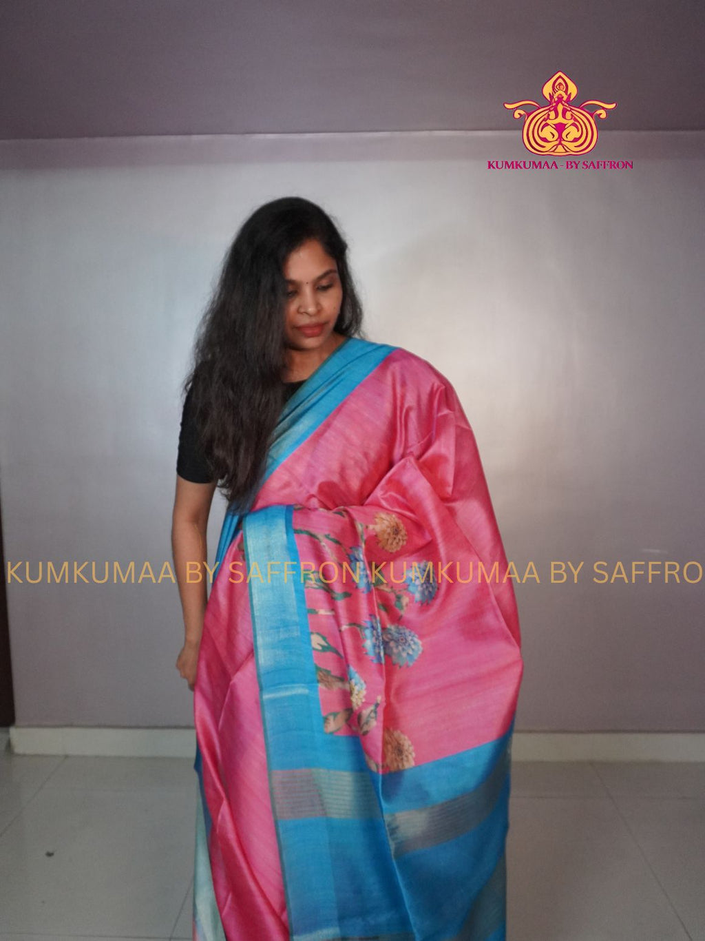 TUSSAR SILK - PINK AND BLUE - FLOWER DESIGN SAREE - WITHOUT BORDER - LATEST COLLECTION - KUMKUMAA BY SAFFRON - UNIQUE DESIGN