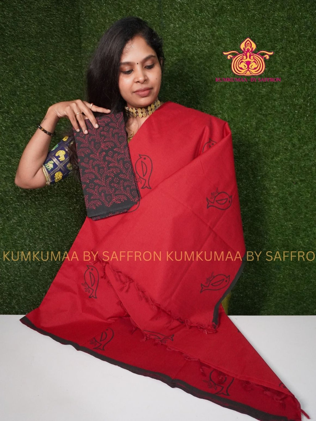 SOUTH COTTON-RED- BLACK HAND BLOCK PRINTED SAREE WITH RUNNING BLOUSE PLUS ADDITIONAL BLOUSE PIECE-KUMKUMAA COMFORT WEAR SAREE