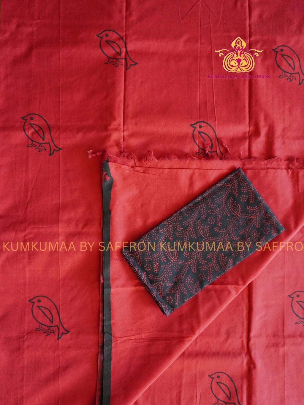 SOUTH COTTON-RED- BLACK HAND BLOCK PRINTED SAREE WITH RUNNING BLOUSE PLUS ADDITIONAL BLOUSE PIECE-KUMKUMAA COMFORT WEAR SAREE