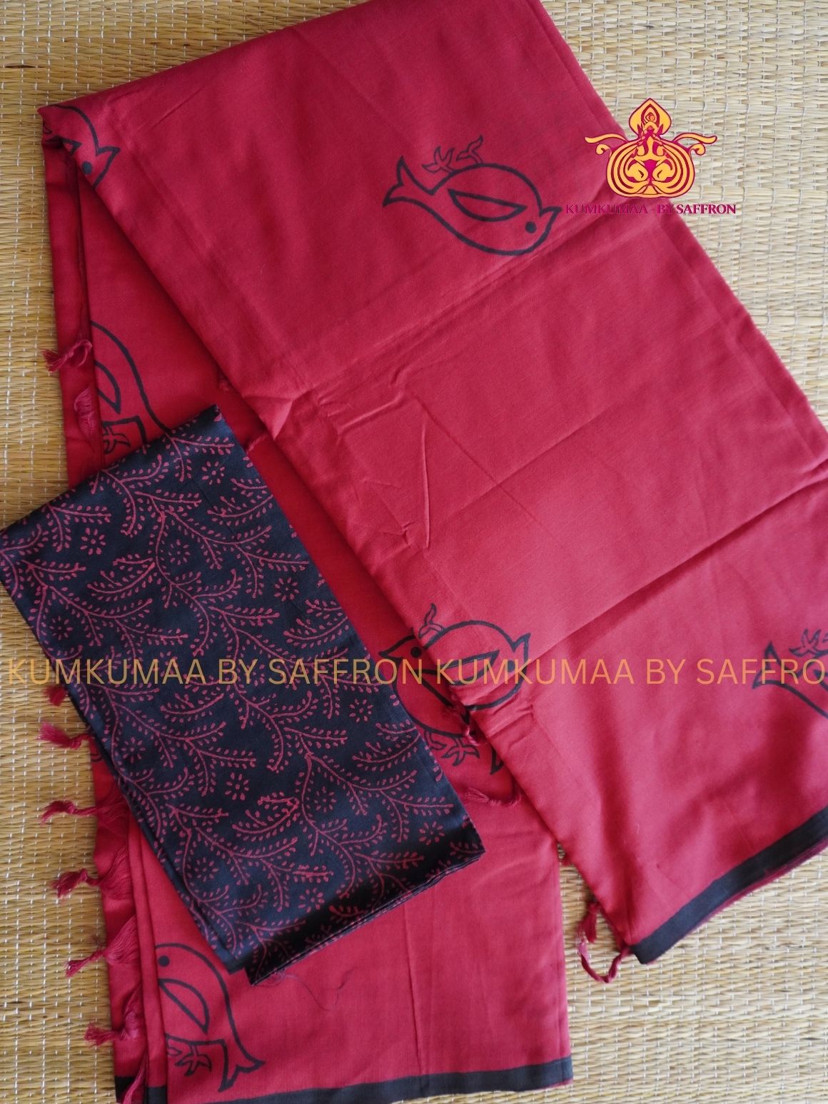 SOUTH COTTON-RED- BLACK HAND BLOCK PRINTED SAREE WITH RUNNING BLOUSE PLUS ADDITIONAL BLOUSE PIECE-KUMKUMAA COMFORT WEAR SAREE