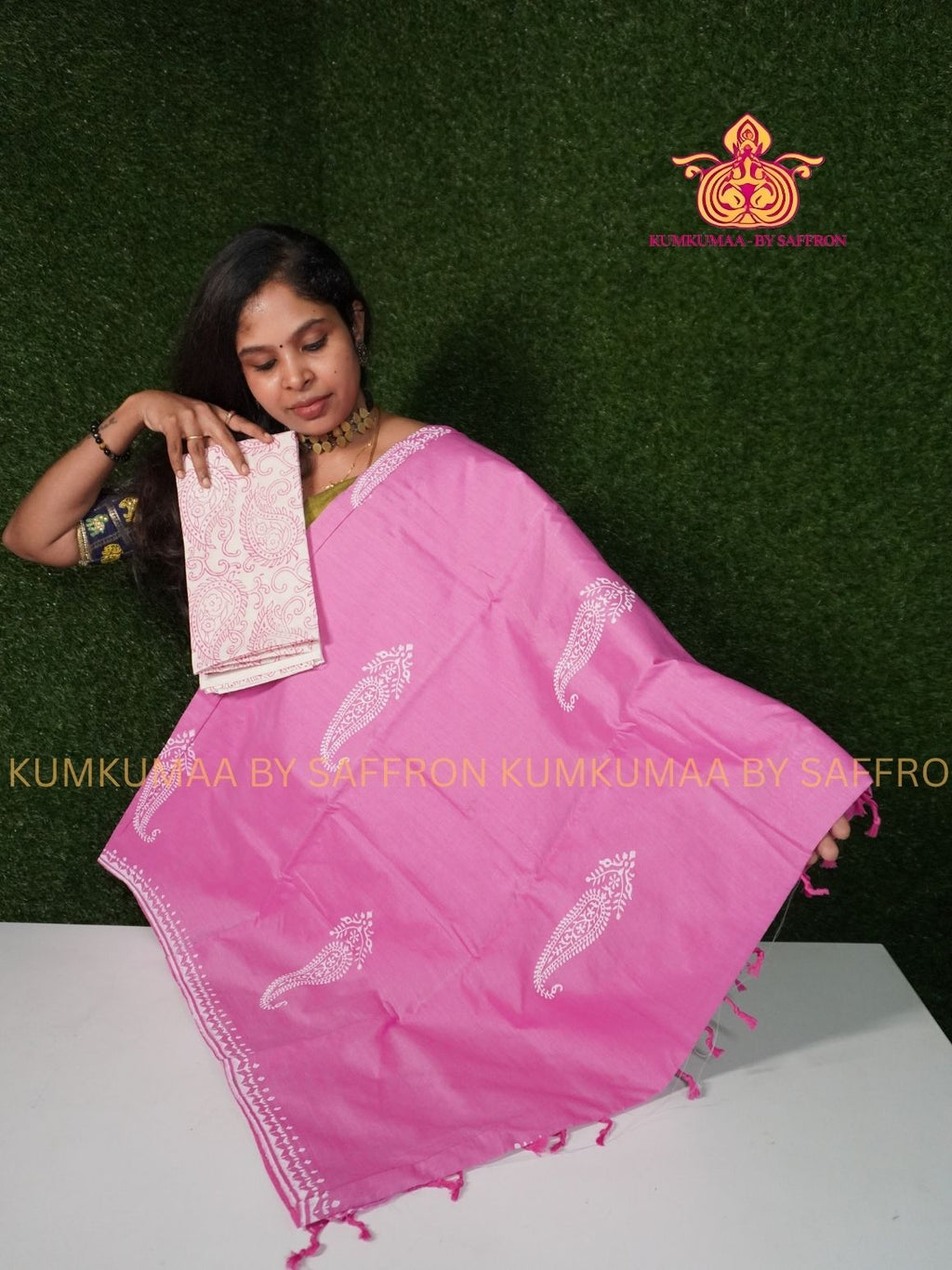 SOUTH COTTON-BABY PINK- WHITE HAND BLOCK PRINTED SAREE WITH RUNNING BLOUSE PLUS ADDITIONAL BLOUSE PIECE-KUMKUMAA COMFORT WEAR SAREE