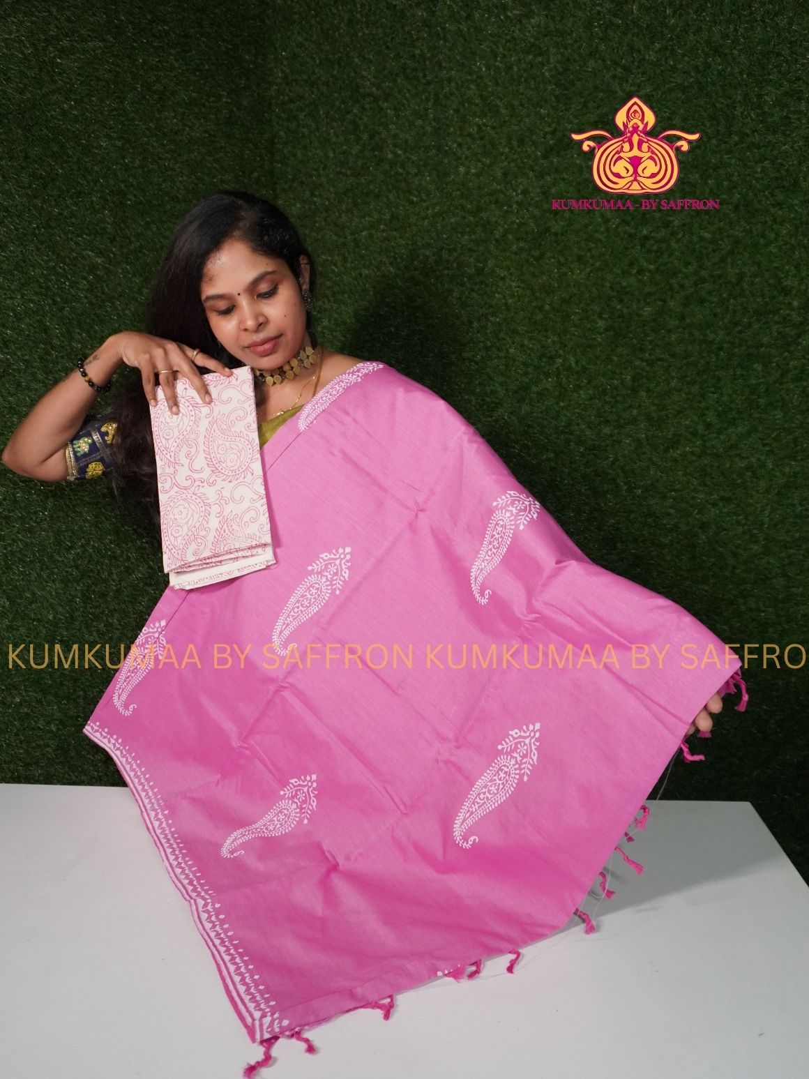 SOUTH COTTON-BABY PINK- WHITE HAND BLOCK PRINTED SAREE WITH RUNNING BLOUSE PLUS ADDITIONAL BLOUSE PIECE-KUMKUMAA COMFORT WEAR SAREE