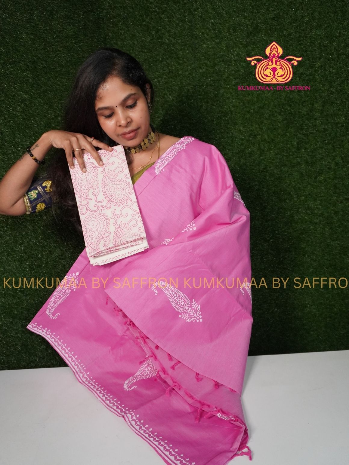 SOUTH COTTON-BABY PINK- WHITE HAND BLOCK PRINTED SAREE WITH RUNNING BLOUSE PLUS ADDITIONAL BLOUSE PIECE-KUMKUMAA COMFORT WEAR SAREE