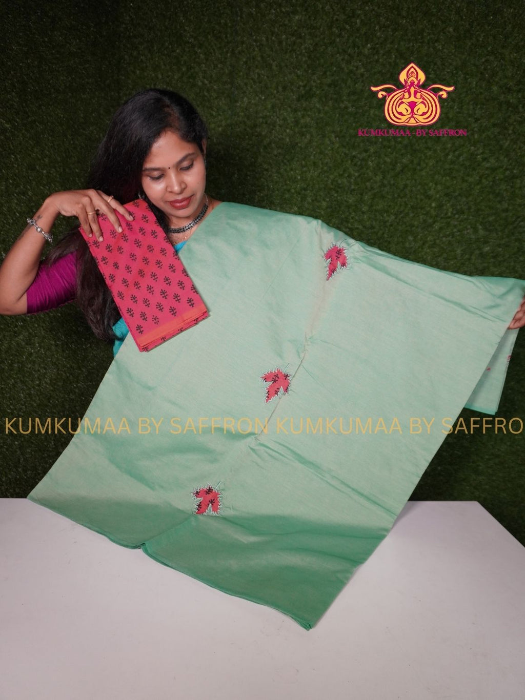 SOUTH COTTON-PASTEL GREEN SAREE - ORANGE APLIQUE WORK WITH RUNNING BLOUSE PLUS ADDITIONAL BLOUSE PIECE-KUMKUMAA COMFORT WEAR SAREE