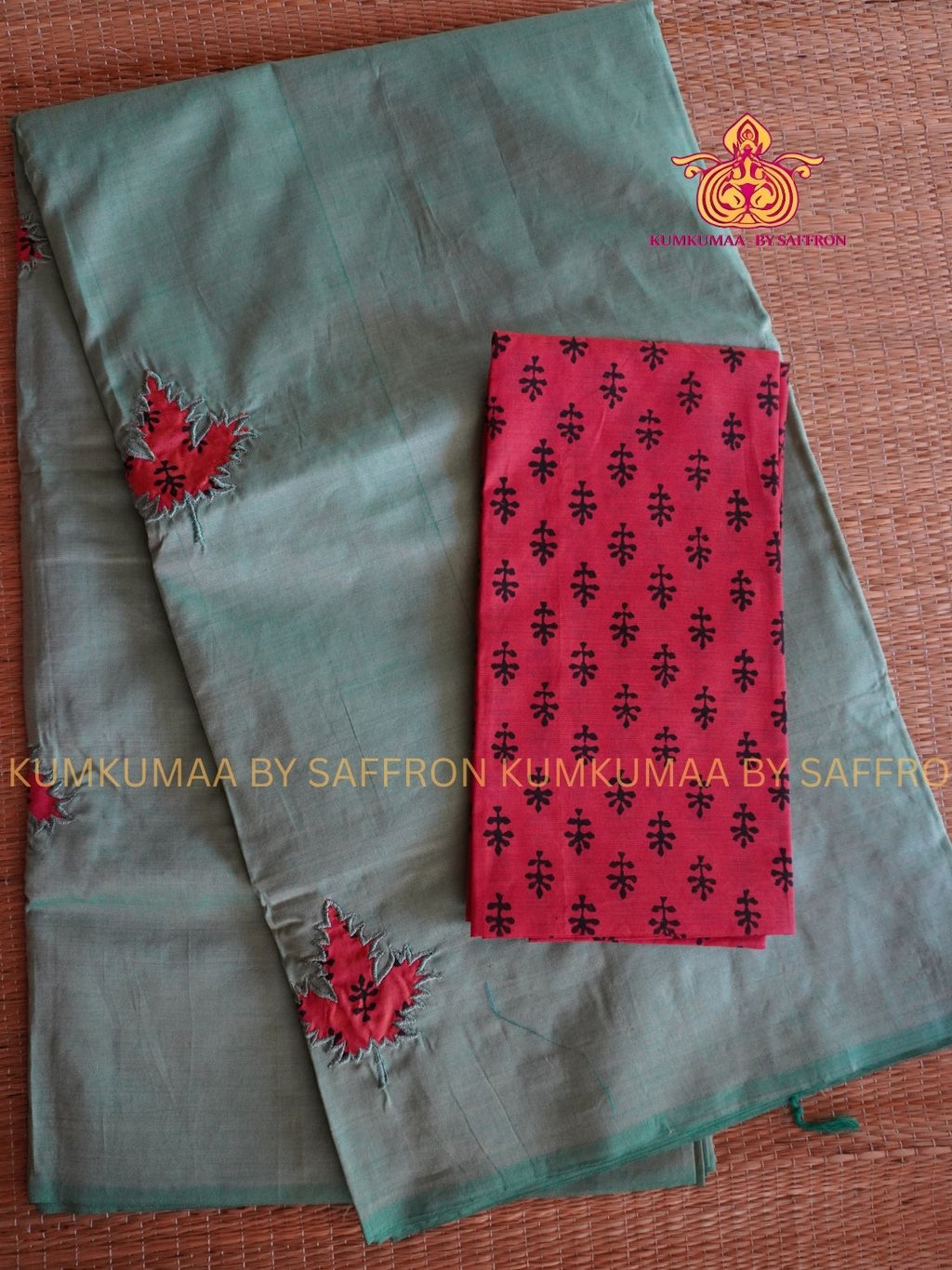 SOUTH COTTON-PASTEL GREEN SAREE - ORANGE APLIQUE WORK WITH RUNNING BLOUSE PLUS ADDITIONAL BLOUSE PIECE-KUMKUMAA COMFORT WEAR SAREE