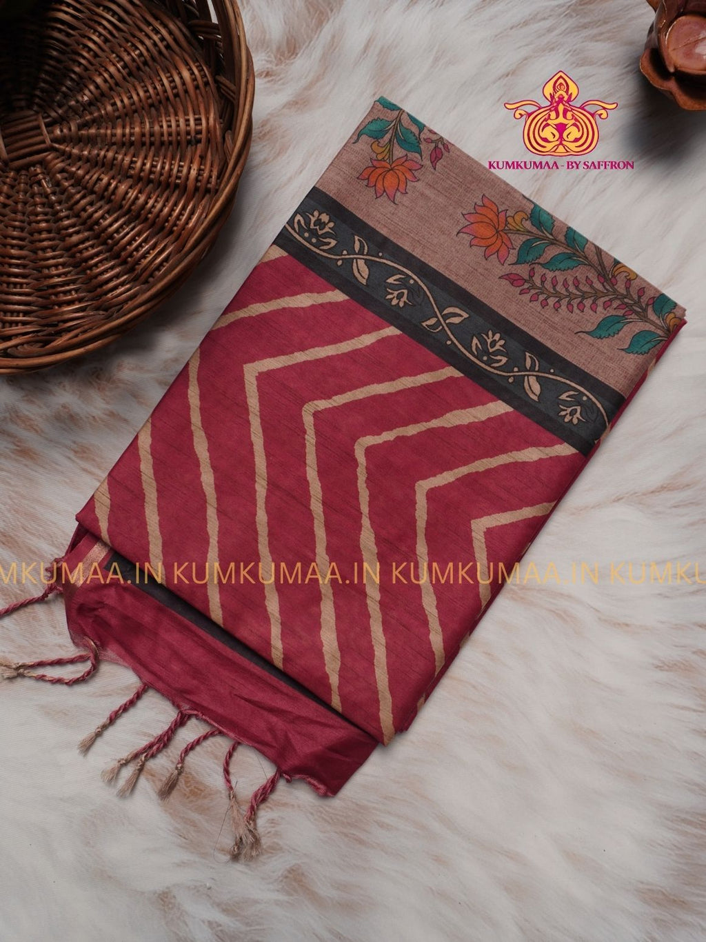 TUSSAR SILK - PINK COLOUR ZIG ZAG DESIGN SAREE- MEHANDI DESIGN PALLU - LATEST COLLECTION - KUMKUMAA BY SAFFRON - UNIQUE DESIGN