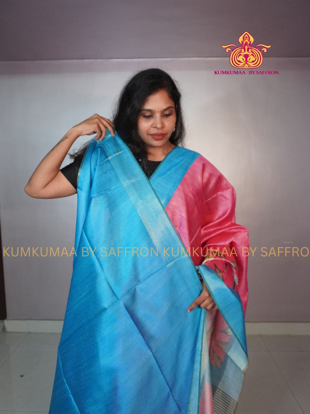 TUSSAR SILK - PINK AND BLUE - FLOWER DESIGN SAREE - WITHOUT BORDER - LATEST COLLECTION - KUMKUMAA BY SAFFRON - UNIQUE DESIGN
