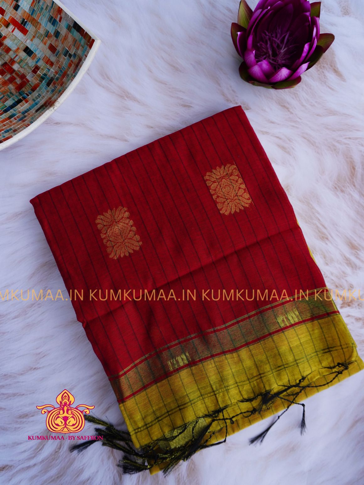 PURE COTTON- YELLOW GREEN AND RED COLOUR STRIPED PRINT SAREE WITH BLOUSE - TRENDY - FLORAL DESIGN - Kumkumaa Exclusive COLLECTION - LATEST ELEGANT SAREE