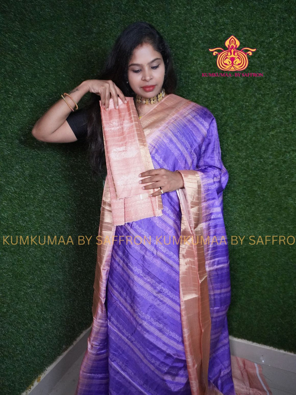 TUSSAR SILK - LAVENDER AND PEACH - STRIPES PRINTED SAREE - RETTAPETTA BORDER - LATEST COLLECTION - KUMKUMAA BY SAFFRON - UNIQUE DESIGN