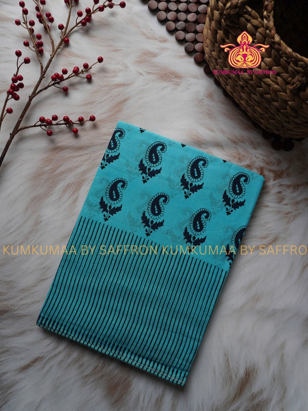 MUL COTTON-LIGHT BLUE & BLACK SAREE WITH BLOUSE - MANGO PRINT- SOFTEST EVERYDAY WEAR - BEST COTTON SAREE- COMFORT AND TRENDY - STYLE WITH COMFORT - Kumkumaa EVERYDAY SAREE