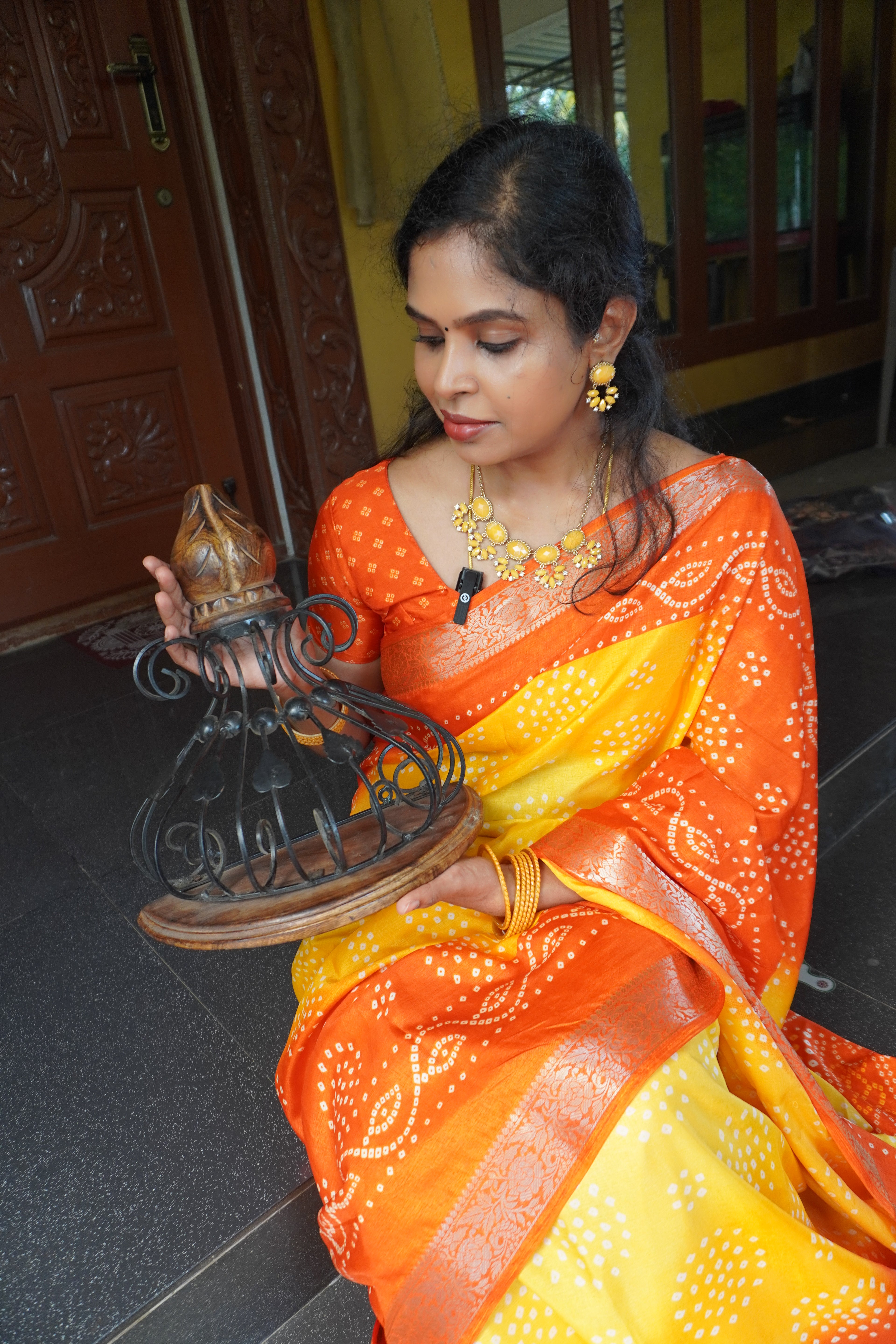 Dola Silk - COMFORTABLE FESTIVE Beautiful saree for women- YELLOW AND ORANGE- BANDHINI PRINT - MANGALAGIRI BORDER- KUMKUMAA TRENDY TRADITIONAL WEAR - Comfort - Confidence - Elegance