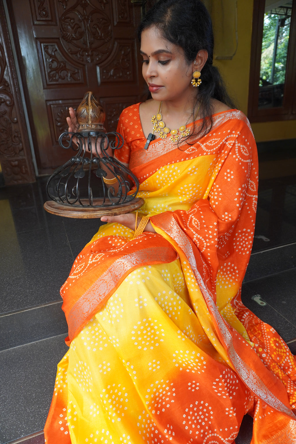 Dola Silk - COMFORTABLE FESTIVE Beautiful saree for women- YELLOW AND ORANGE- BANDHINI PRINT - MANGALAGIRI BORDER- KUMKUMAA TRENDY TRADITIONAL WEAR - Comfort - Confidence - Elegance