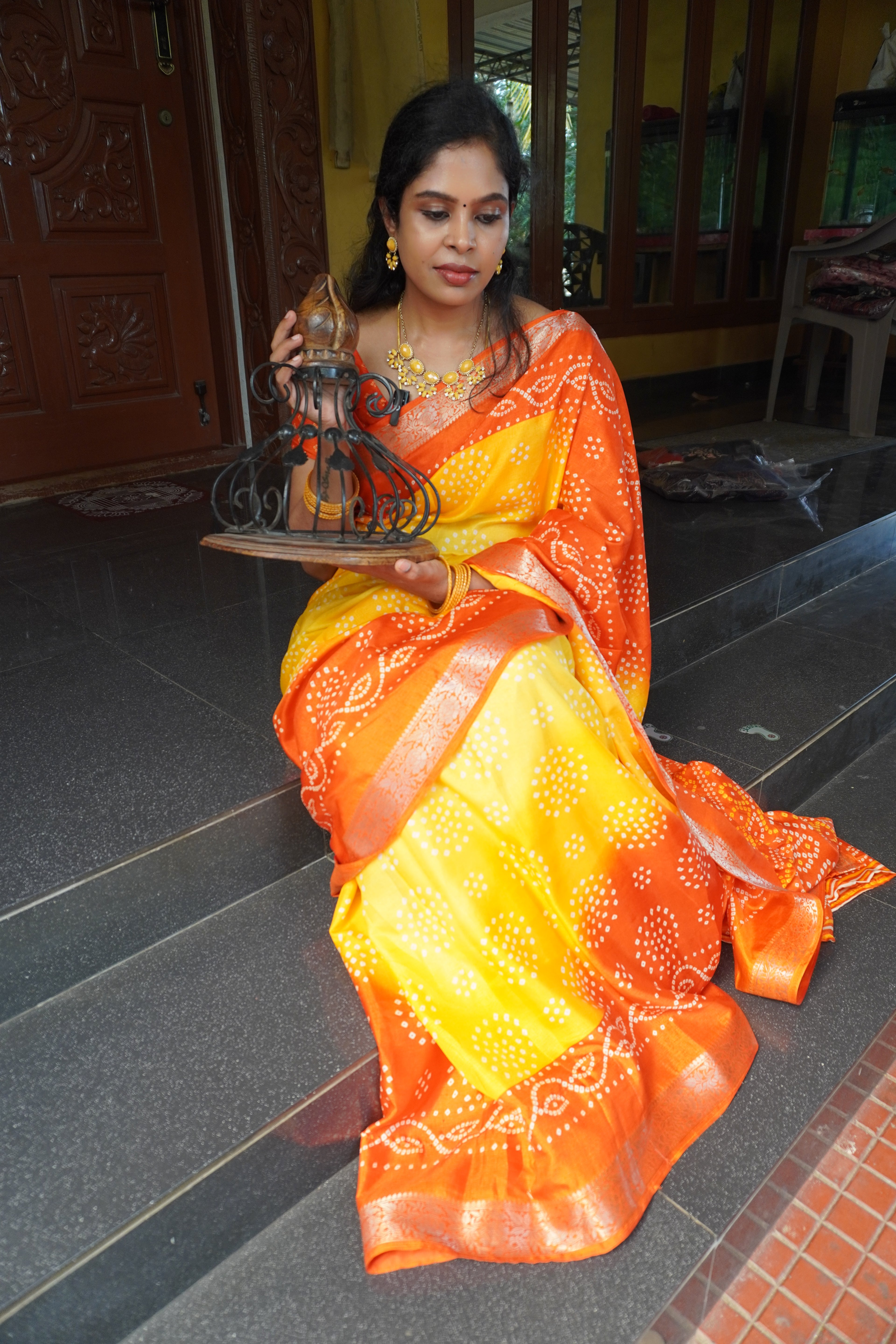 Dola Silk - COMFORTABLE FESTIVE Beautiful saree for women- YELLOW AND ORANGE- BANDHINI PRINT - MANGALAGIRI BORDER- KUMKUMAA TRENDY TRADITIONAL WEAR - Comfort - Confidence - Elegance