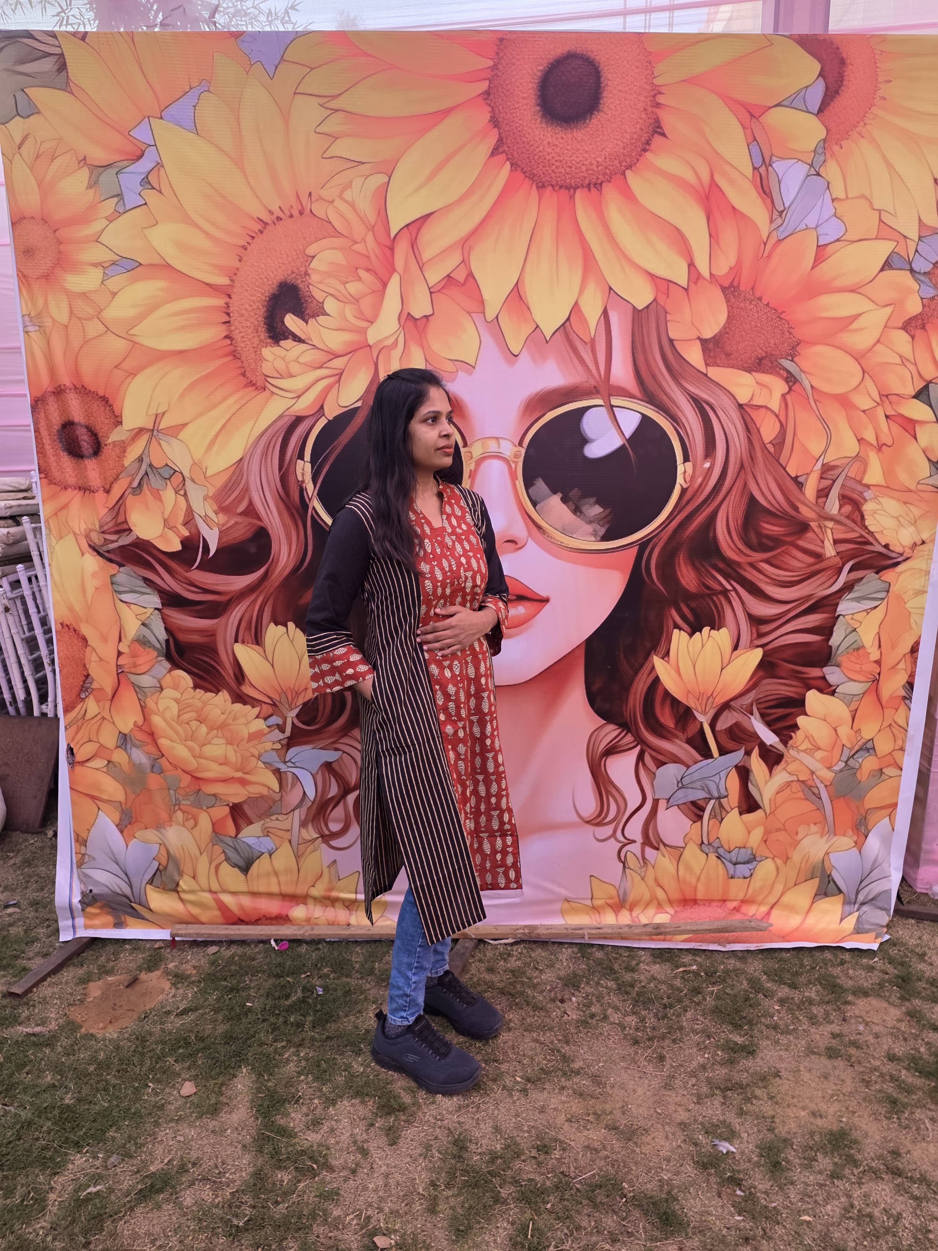 BLACK STRIPPED WITH RED FISH DESIGN KURTI WITH BELL SLEEVE AND CHINESE COLLAR, STRAIGHT CUT KURTI , SMART FIT, KUMKUMAA CREATION, CUSTOM MADE KURTI