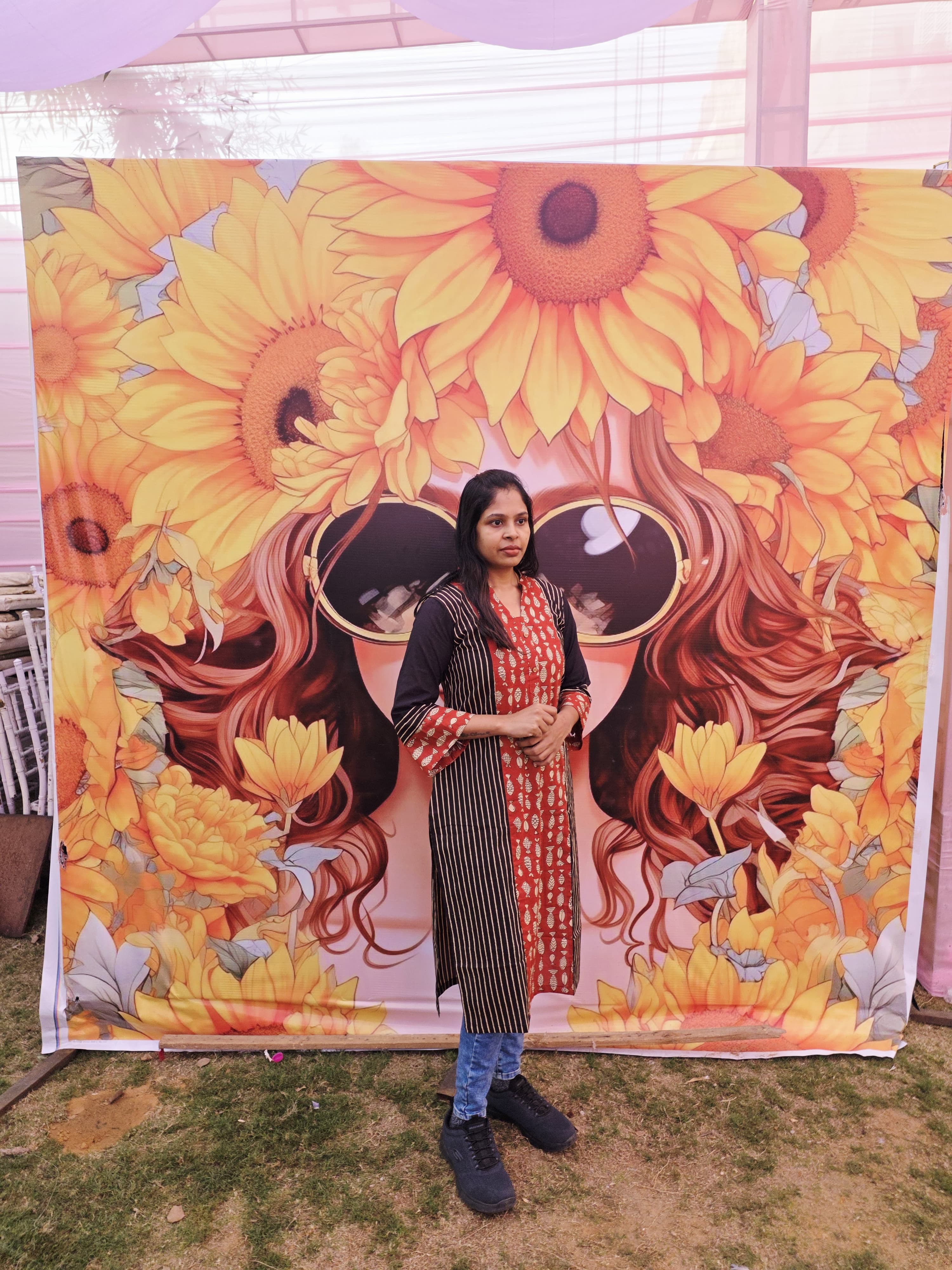 BLACK STRIPPED WITH RED FISH DESIGN KURTI WITH BELL SLEEVE AND CHINESE COLLAR, STRAIGHT CUT KURTI , SMART FIT, KUMKUMAA CREATION, CUSTOM MADE KURTI