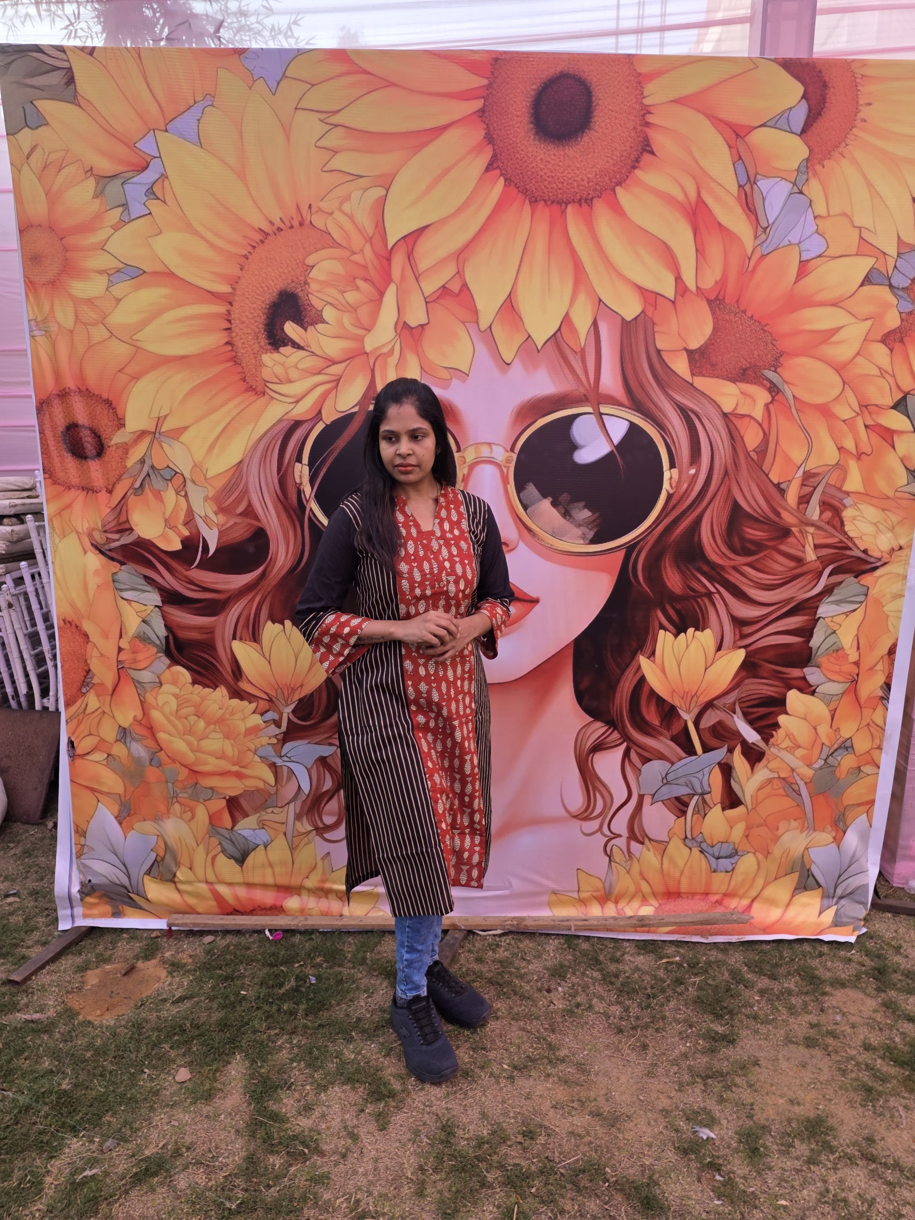 BLACK STRIPPED WITH RED FISH DESIGN KURTI WITH BELL SLEEVE AND CHINESE COLLAR, STRAIGHT CUT KURTI , SMART FIT, KUMKUMAA CREATION, CUSTOM MADE KURTI